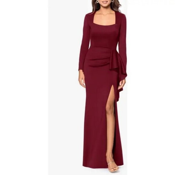 Xscape Wine Burgundy Ruched Scuba Ruffle Gown Dress